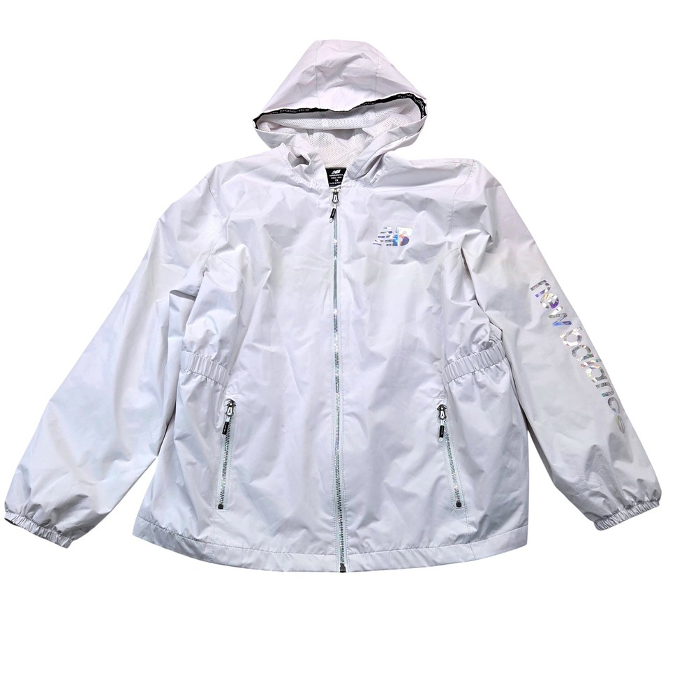 New Balance Womens White Holographic Hooded Windbreaker Jacket 1X Plus Size